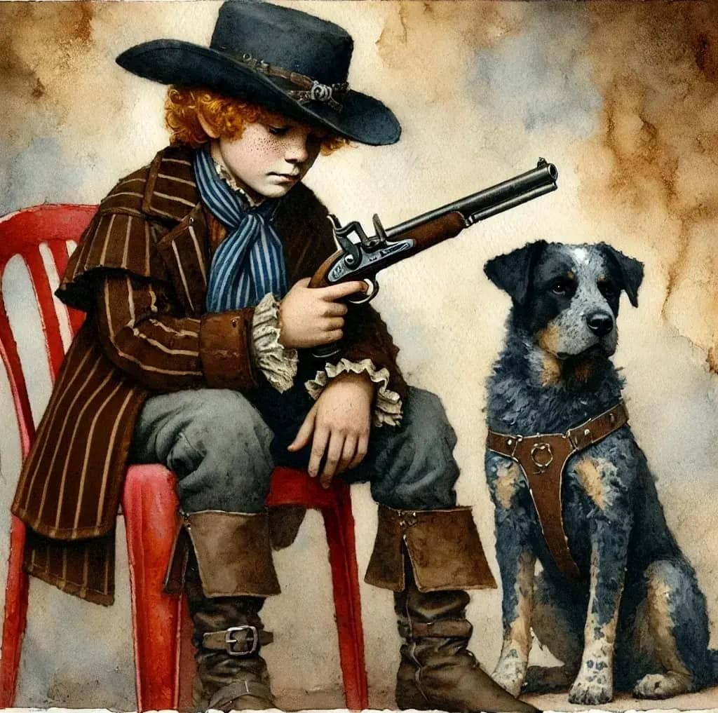 A redheaded boy, dressed as a highwayman holds a flintlock pistol. He is sitting on a red plastic chair with an Australian Cattle Dog to his side.
