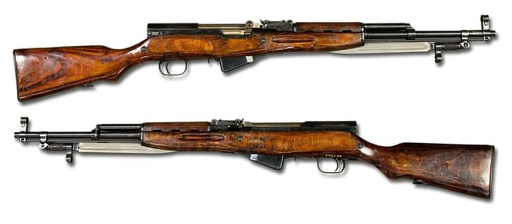A Russian SKS rifle, duplicated one on top of the other to show both sides. The stock is polished wood and there is a folded in metal bayonet on the dangerous end. The SKS is still excluded from Trudeau's gun ban in Canada.